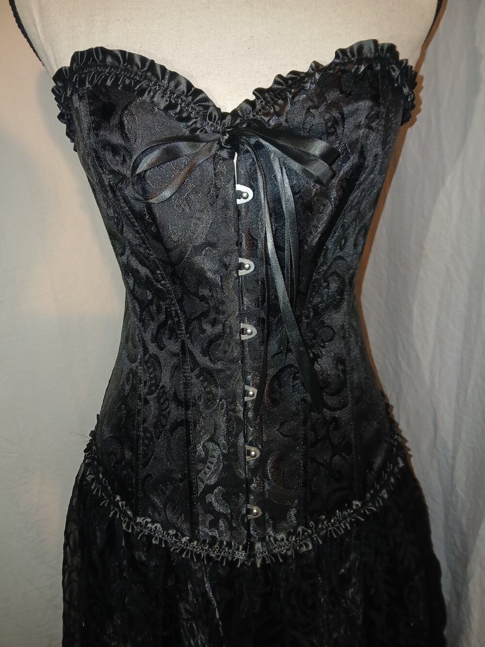 Black Floral Brocade Ruffle Trim Lace-Up Gothic Corset Top S